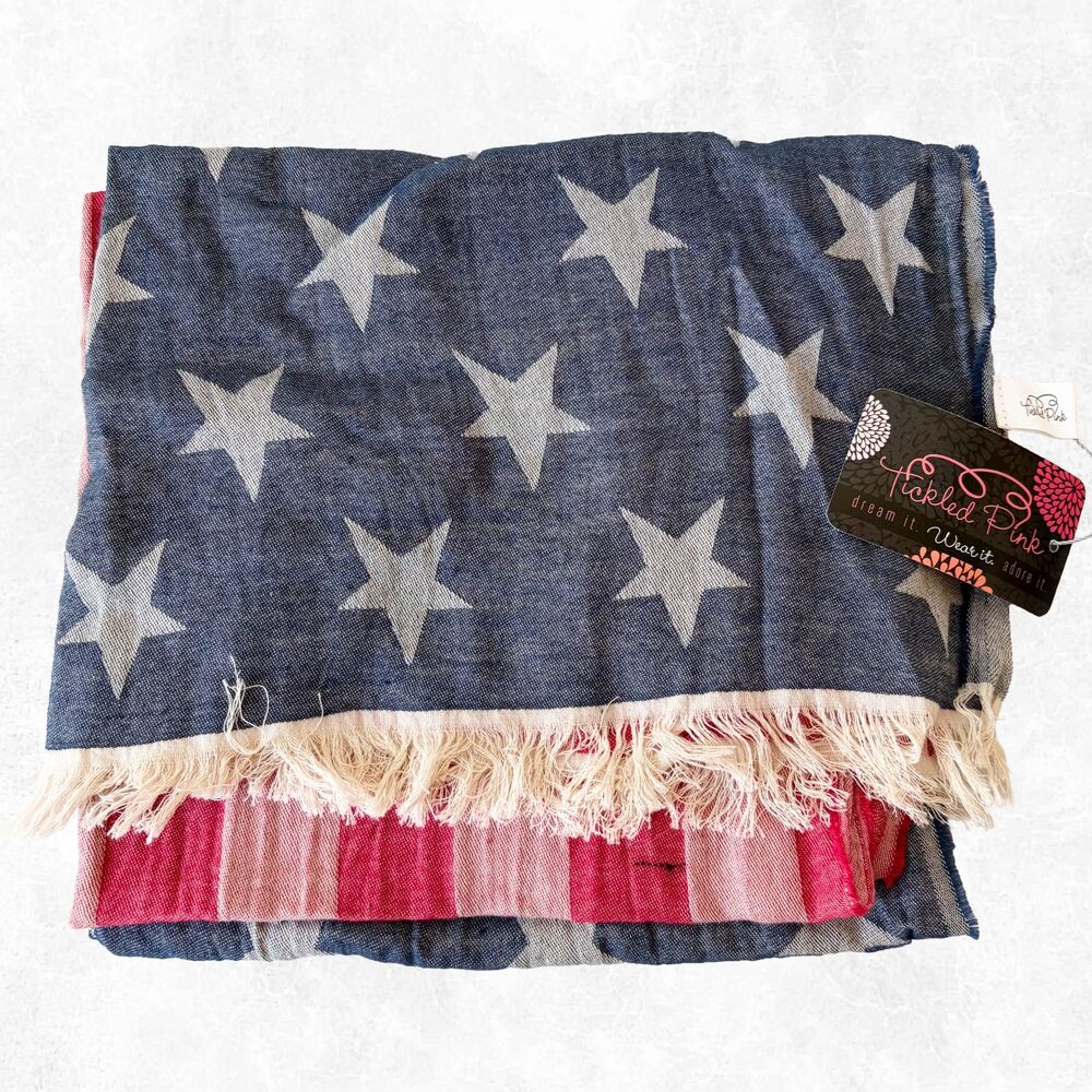 Tickled Pink American Flag Scarf 100% Cotton Patriotic Stars Stripes Fringe